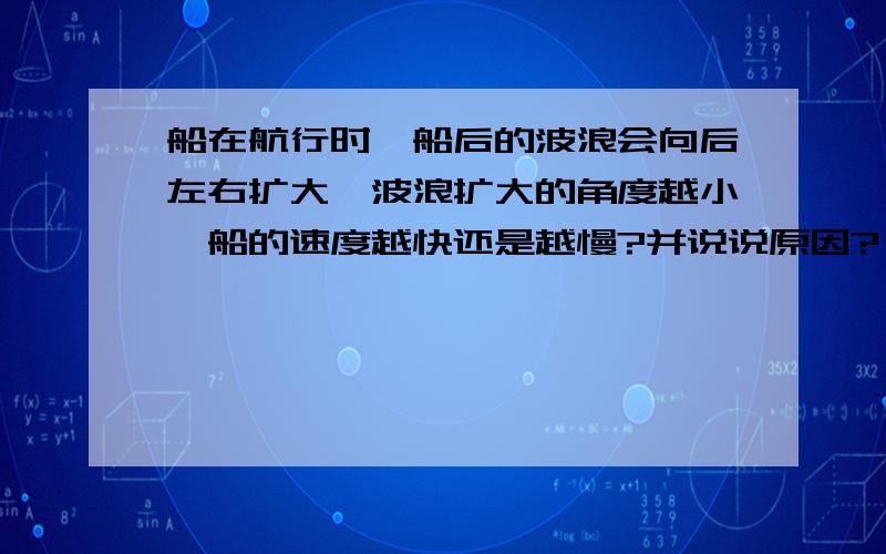 船在航行时,船后的波浪会向后左右扩大,波浪扩大的角度越小,船的速度越快还是越慢?并说说原因?