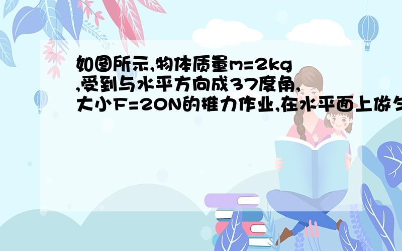 如图所示,物体质量m=2kg,受到与水平方向成37度角,大小F=20N的推力作业,在水平面上做匀加速直线运动,已知前进六米速度变为原来的两倍,与地面的动摩擦因素为0.25,求 1.物体加速度.2.物体原来