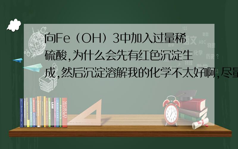 向Fe（OH）3中加入过量稀硫酸,为什么会先有红色沉淀生成,然后沉淀溶解我的化学不太好啊,尽量讲详细点