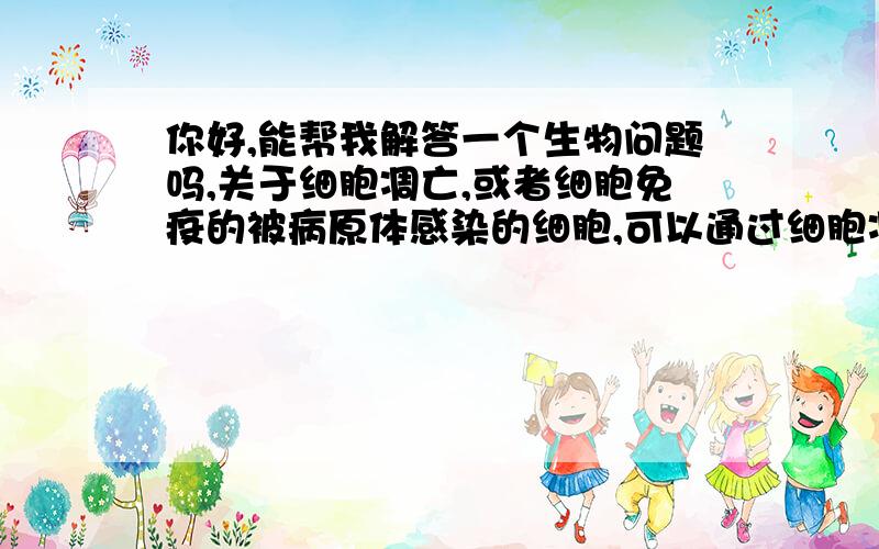 你好,能帮我解答一个生物问题吗,关于细胞凋亡,或者细胞免疫的被病原体感染的细胞,可以通过细胞凋亡来清除掉被感染的细胞已知细胞被抗原入侵,会有体液免疫跟细胞免疫两种方式进行处