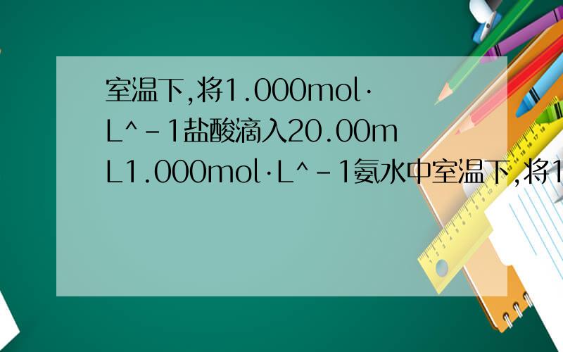 室温下,将1.000mol·L^-1盐酸滴入20.00mL1.000mol·L^-1氨水中室温下,将1.000mol·L－1盐酸滴入20.00mL 1.000mol·L－1氨水中,溶液pH和温度随加入盐酸体积变化曲线如下图所示.下列有关说法正确的是(     C )A