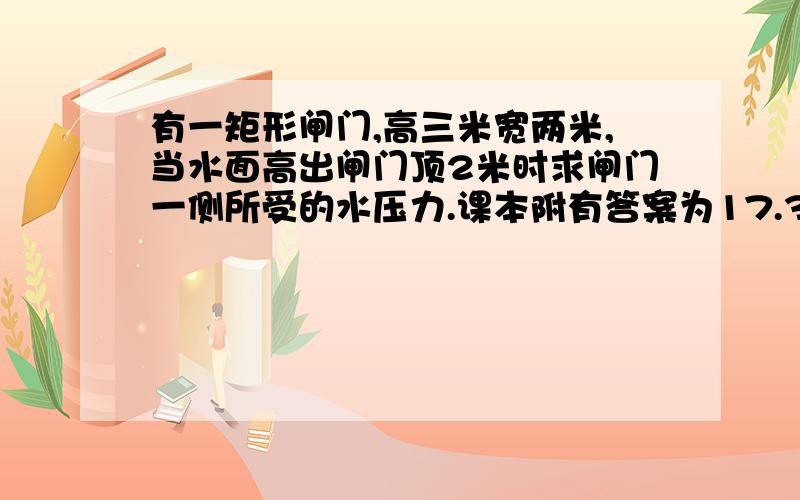 有一矩形闸门,高三米宽两米,当水面高出闸门顶2米时求闸门一侧所受的水压力.课本附有答案为17.3KN