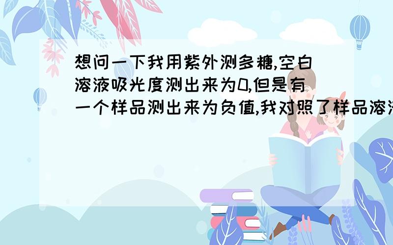 想问一下我用紫外测多糖,空白溶液吸光度测出来为0,但是有一个样品测出来为负值,我对照了样品溶液和空白溶液,肉眼看起来样品溶液比空白溶液颜色深多了,策出来居然是-0.021,很奇怪,空白