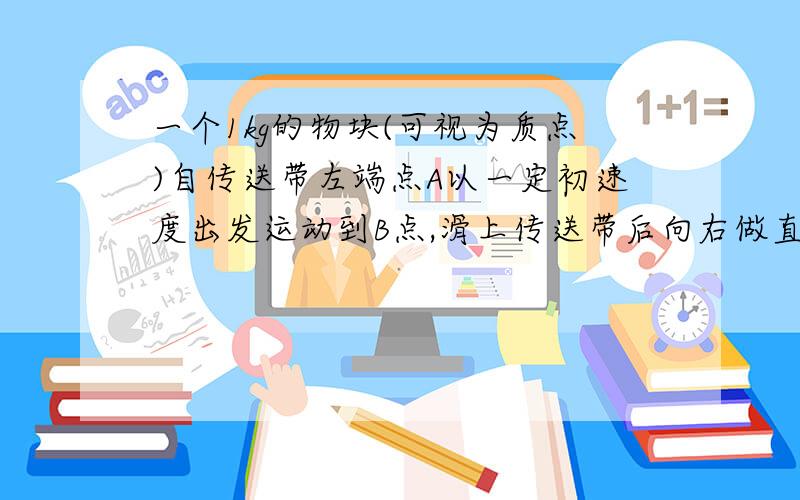 一个1kg的物块(可视为质点)自传送带左端点A以一定初速度出发运动到B点,滑上传送带后向右做直线运动,已知物块到达B点时速度为8m/s,传送带长1.5m,物块与传送带间动摩擦因数为μ=0.5,传送带运