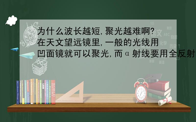 为什么波长越短,聚光越难啊?在天文望远镜里,一般的光线用凹面镜就可以聚光,而α射线要用全反射聚光． γ射到目前还没有望远镜能探测到． 为什么呢?