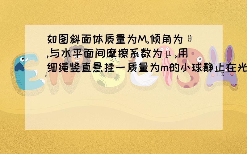 如图斜面体质量为M,倾角为θ,与水平面间摩擦系数为μ,用细绳竖直悬挂一质量为m的小球静止在光滑斜面上,当断绳的瞬间,至少以多大的水平向右的力由静止拉动斜面体小球才能做自由落体到