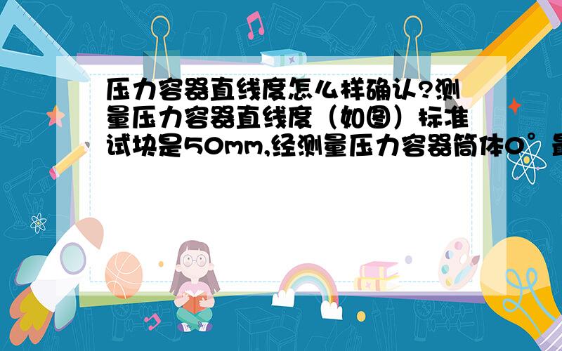 压力容器直线度怎么样确认?测量压力容器直线度（如图）标准试块是50mm,经测量压力容器筒体0°最大间距为80mm,180°最小间距为20mm,那么请问：该容器的直线度为多少?是0°和180°两间距差60mm,