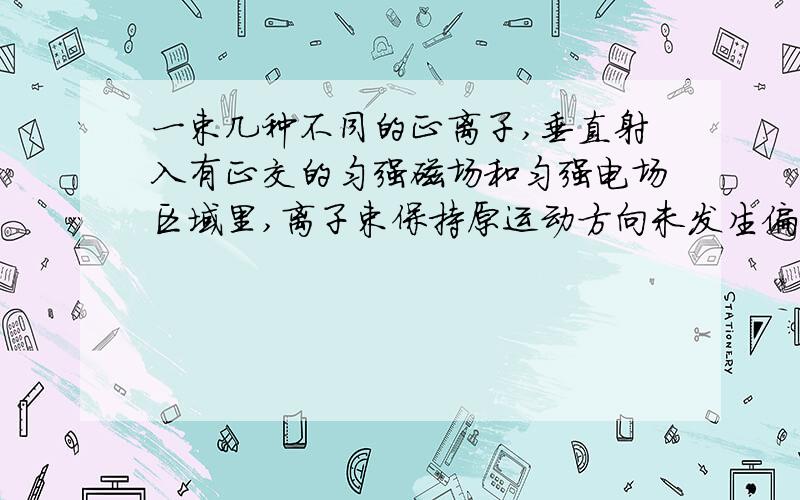 一束几种不同的正离子,垂直射入有正交的匀强磁场和匀强电场区域里,离子束保持原运动方向未发生偏转,接A.它们的动能一定个不相同 B.它们的电量一定各不相同B.它们的质量一定个不相同 D.