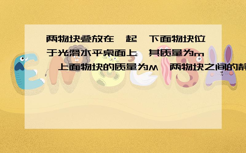 两物块叠放在一起,下面物块位于光滑水平桌面上,其质量为m,上面物块的质量为M,两物块之间的静摩擦系数为μ．现从静止出发对下面物块施以随时间t变化的水平推力F=γt,γ为一常量,则从力开