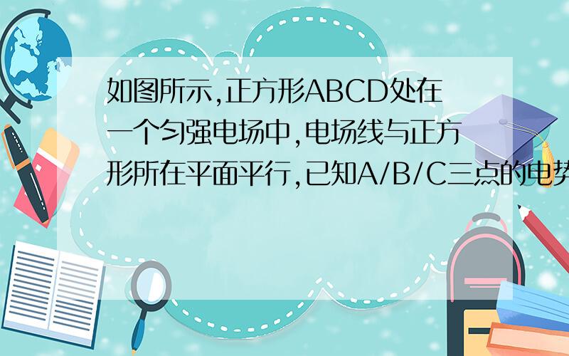 如图所示,正方形ABCD处在一个匀强电场中,电场线与正方形所在平面平行,已知A/B/C三点的电势!依次为Ua=6V Ub=4V Uc=-2V ,在图中画出过A点的电场线~在图中画出过A点的电场线~