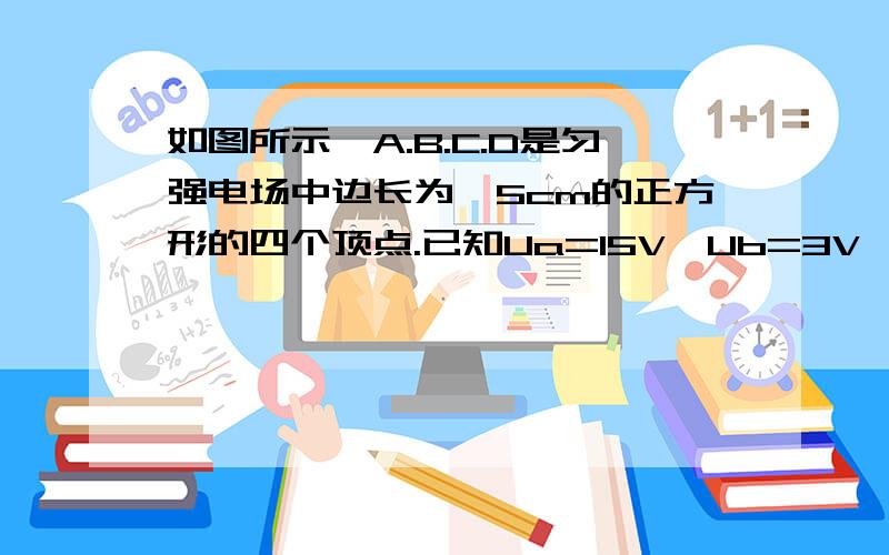 如图所示、A.B.C.D是匀强电场中边长为√5cm的正方形的四个顶点.已知Ua=15V,Ub=3V,Uc=-3V,求匀强电场场强