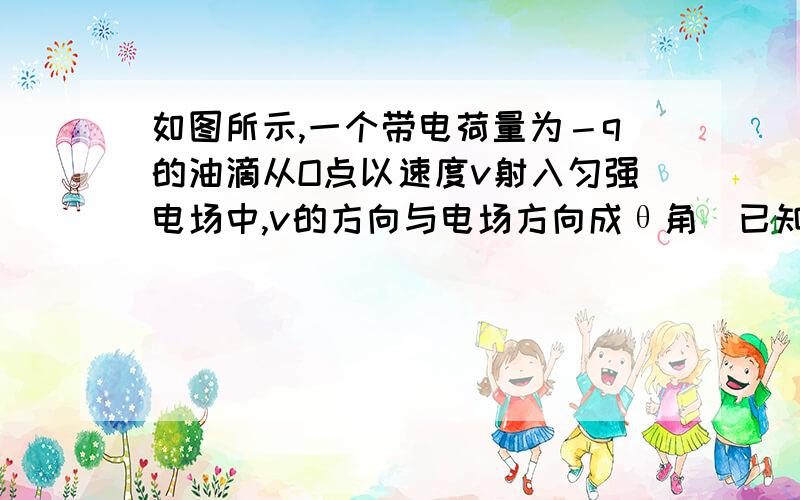 如图所示,一个带电荷量为－q的油滴从O点以速度v射入匀强电场中,v的方向与电场方向成θ角．已知油滴的质量为m,测得油滴到达运动轨迹的最高点时,它的速度大小也为v.1）最高点的位置可能