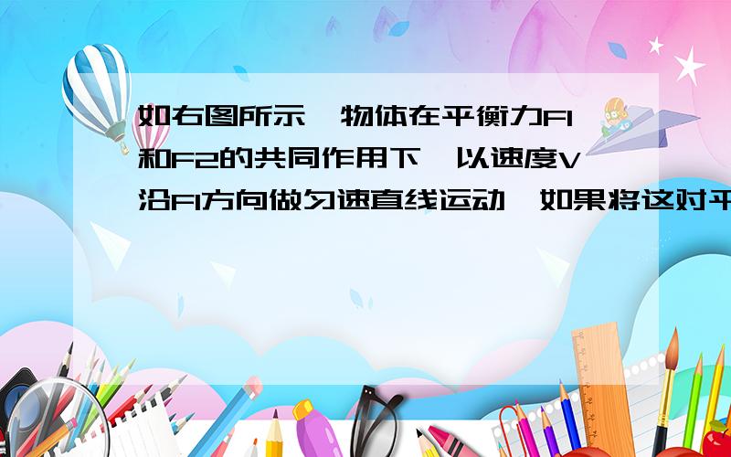 如右图所示,物体在平衡力F1和F2的共同作用下,以速度V沿F1方向做匀速直线运动,如果将这对平衡力等量缓慢地减少,最后减少到零,则该物体将（ ）A.一直以速度V沿F1方向运动B.物体的运动速度