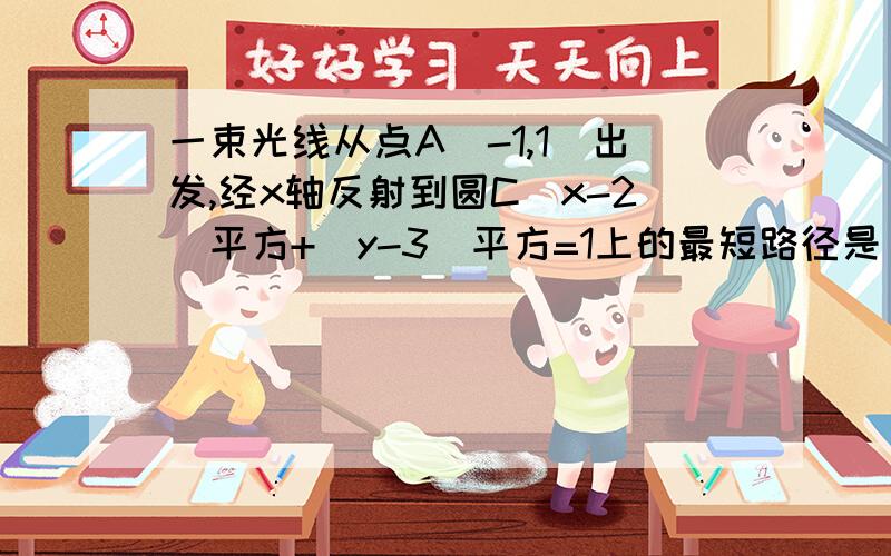 一束光线从点A（-1,1）出发,经x轴反射到圆C（x-2）平方+（y-3）平方=1上的最短路径是