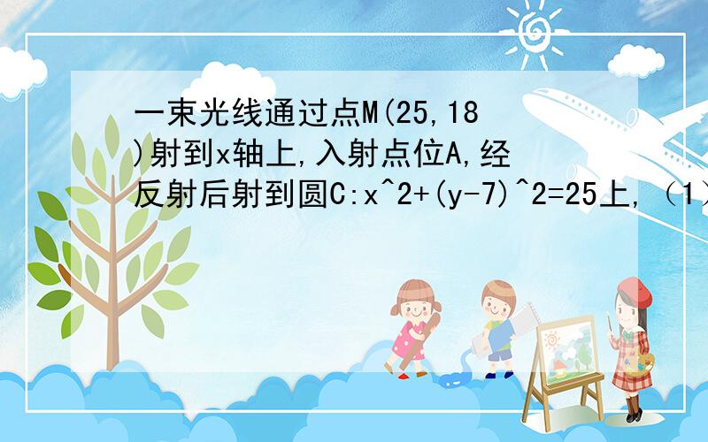 一束光线通过点M(25,18)射到x轴上,入射点位A,经反射后射到圆C:x^2+(y-7)^2=25上,（1）求经过圆心的反射光线的方程