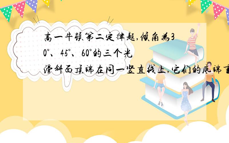 高一牛顿第二定律题,倾角为30°、45°、60°的三个光滑斜面顶端在同一竖直线上,它们的底端重合,当物体分别从三个斜面顶端由静止下滑至底端,则从倾角为多少度的斜面上下滑的所用时间最短