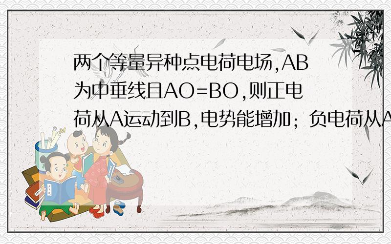 两个等量异种点电荷电场,AB为中垂线且AO=BO,则正电荷从A运动到B,电势能增加；负电荷从A运动到B,电势能