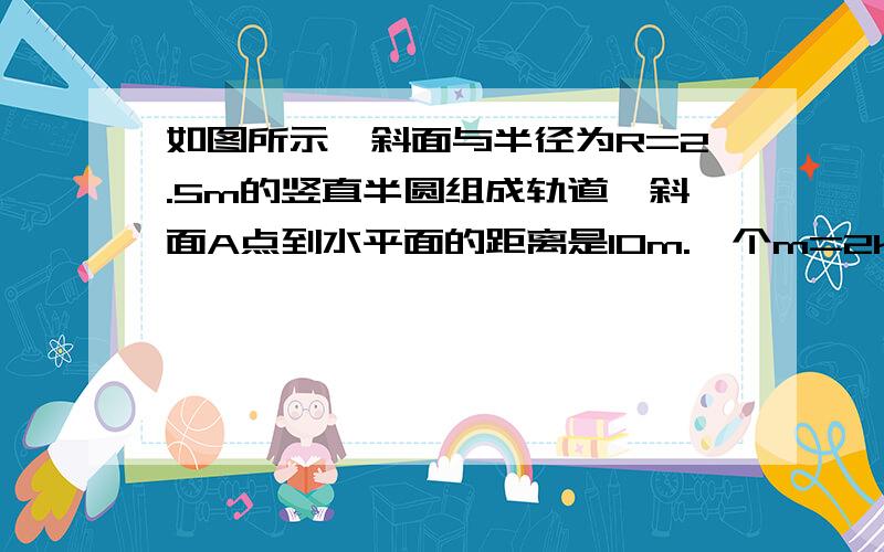 如图所示,斜面与半径为R=2.5m的竖直半圆组成轨道,斜面A点到水平面的距离是10m.一个m=2kg小球从A点静止滑下,然后恰好经过圆形轨道的最高点B后又落到水平面的C点.求 ：（1）C点与B的水平距离S