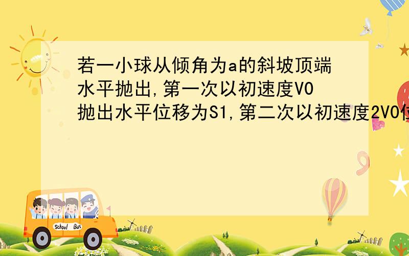 若一小球从倾角为a的斜坡顶端水平抛出,第一次以初速度V0抛出水平位移为S1,第二次以初速度2V0位移为S2求S1:S2 A1：2 B1:3 C1:4 D2:5P.S.有三种情况呦!我选的是ACD