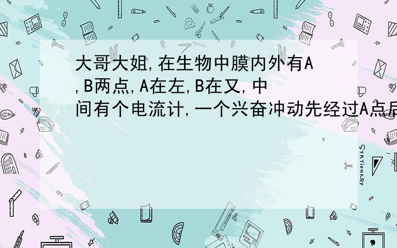 大哥大姐,在生物中膜内外有A,B两点,A在左,B在又,中间有个电流计,一个兴奋冲动先经过A点后通过B点 问为什么A,B间电位先增大后减小并且先是从负到正后由负到正 住;A在内B在外