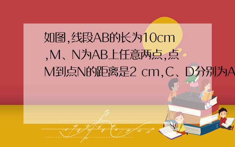 如图,线段AB的长为10cm,M、N为AB上任意两点,点M到点N的距离是2 cm,C、D分别为AM、NB的中点,求线段CD的长.