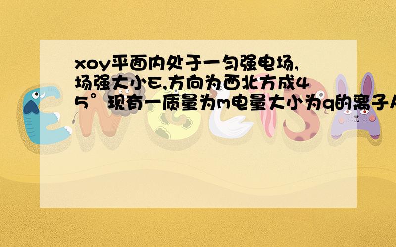 xoy平面内处于一匀强电场,场强大小E,方向为西北方成45°现有一质量为m电量大小为q的离子从坐标原点以Vo速度射出,方向为东北方45°,经一段时间离子穿过X轴离子重力不计,求离子的带电性质和