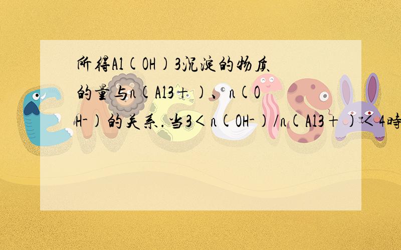 所得Al(OH)3沉淀的物质的量与n(Al3+)、n(OH-)的关系.当3＜n(OH-)/n(Al3+)＜4时,所得沉淀的物质的量为当3＜n(OH-)/n(Al3+)＜4时,所得沉淀的物质的量为n[Al(OH)3]=n(Al3+)-[n(OH-) -3n(Al3+)]=4n(Al3+)-n(OH-)为什么?