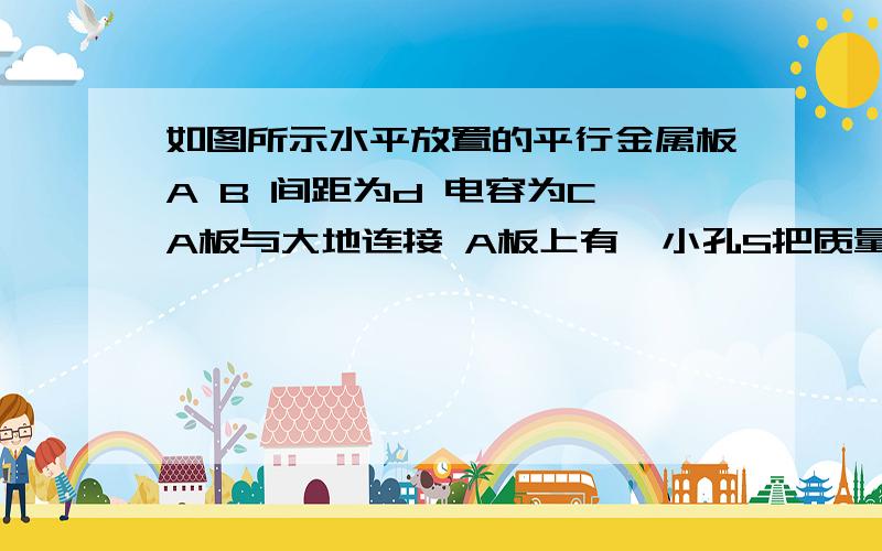 如图所示水平放置的平行金属板A B 间距为d 电容为C A板与大地连接 A板上有一小孔S把质量为带电量为q的带电液滴一滴一滴地由小孔S以相同的初速度v0竖直向下射向B板 液滴到达B板后把全部电