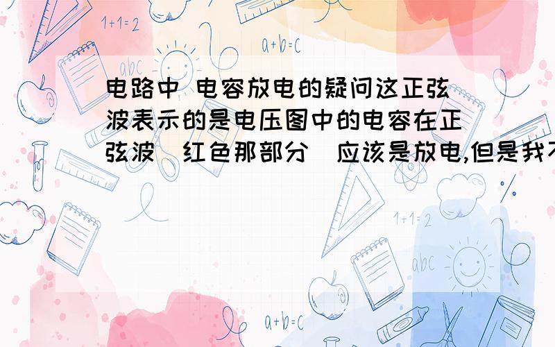 电路中 电容放电的疑问这正弦波表示的是电压图中的电容在正弦波(红色那部分)应该是放电,但是我不明白它放电所跑的电子到哪去了呢?如果到R1被消耗掉,那么正弦交流电源的正极可以出来