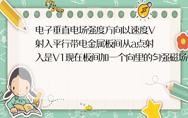 电子垂直电场强度方向以速度V射入平行带电金属板间从a点射入是V1现在板间加一个向里的匀强磁场电子恰从b点射入两板oa=ob则电子从b点射出时的速度大小V2=