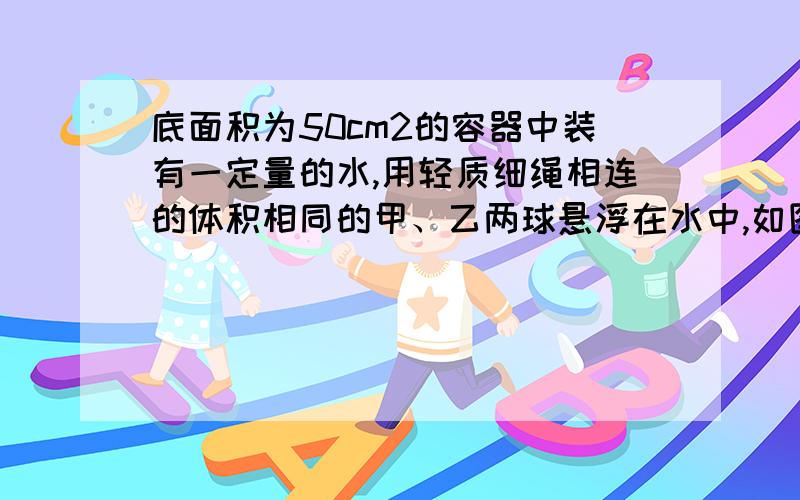 底面积为50cm2的容器中装有一定量的水,用轻质细绳相连的体积相同的甲、乙两球悬浮在水中,如图8所示；将细绳剪断后,甲球漂浮且有的体积露出水面,乙球沉入水底；若细绳剪断前、后,水对