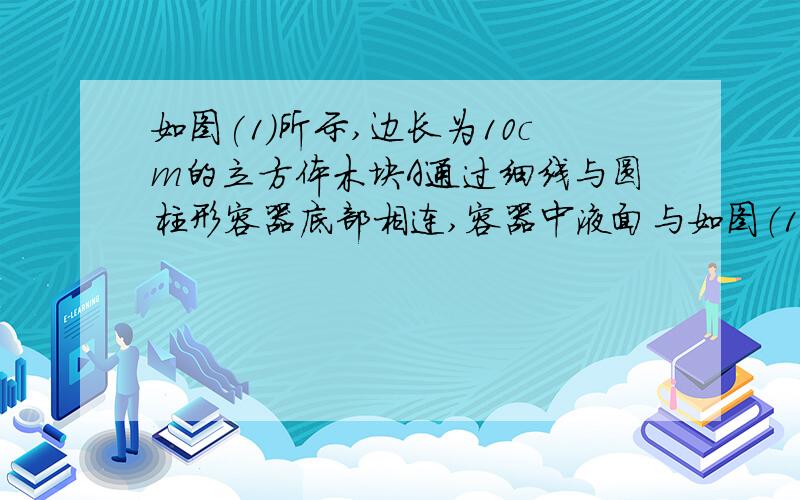 如图(1)所示,边长为10cm的立方体木块A通过细线与圆柱形容器底部相连,容器中液面与如图（1）所示,边长为10cm的立方体木块A通过细线与圆柱形容器底部相连,容器中液面与A上表面齐平．从打开