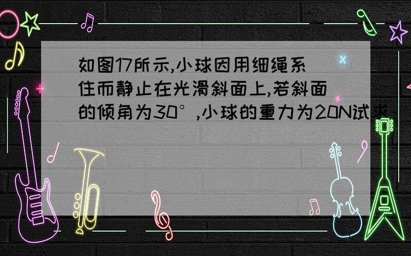 如图17所示,小球因用细绳系住而静止在光滑斜面上,若斜面的倾角为30°,小球的重力为20N试求：（1）绳子沿竖直向上方向拉住时,小球对斜面的压力位多大?（2）绳子沿平行斜面方向拉住时,小