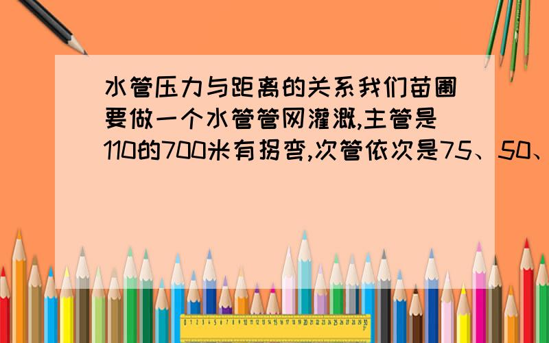 水管压力与距离的关系我们苗圃要做一个水管管网灌溉,主管是110的700米有拐弯,次管依次是75、50、25的,管网最远的末端是1000米,不是直线的,用的是18千瓦的恒压泵,请问管网的末端能有多大的