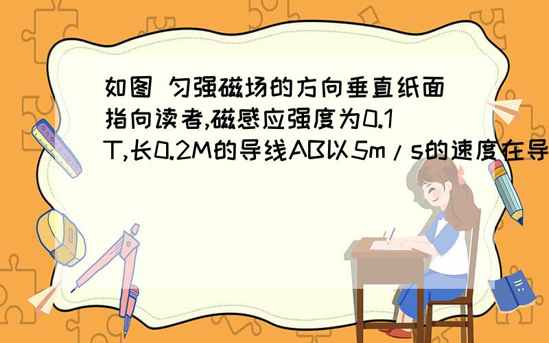 如图 匀强磁场的方向垂直纸面指向读者,磁感应强度为0.1T,长0.2M的导线AB以5m/s的速度在导电的轨道上CD、EF上匀速的向右滑动,导线AB,与运动方向垂直,问（1）AB中感应电流方向如何?（2）AB两端