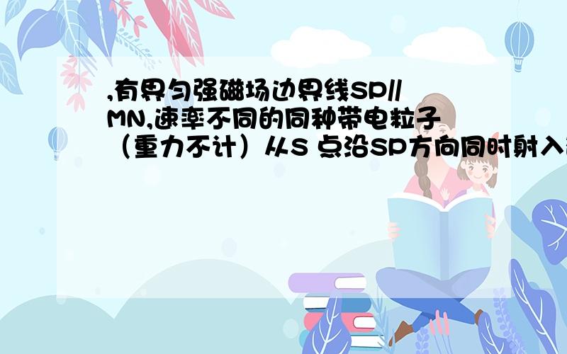 ,有界匀强磁场边界线SP//MN,速率不同的同种带电粒子（重力不计）从S 点沿SP方向同时射入磁场.其中穿过a点的粒子速度v1与MN垂直,穿过b点的粒子速度v2与MN成60°角,设两粒子从S到a、b所需时间