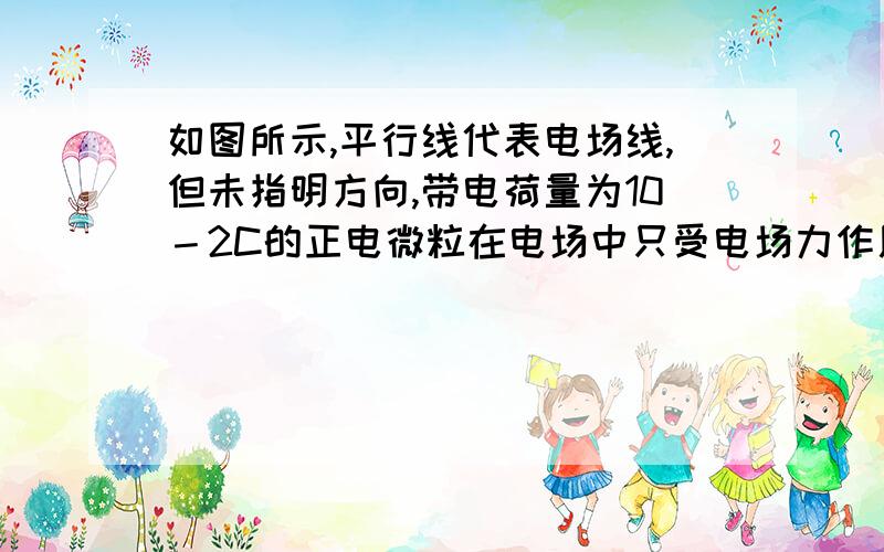 如图所示,平行线代表电场线,但未指明方向,带电荷量为10－2C的正电微粒在电场中只受电场力作用,当由A点运动到B点时,动能减少了0．1 J,已知A点电势为－10 V,则    (  　) A．B点的电势为零,微粒