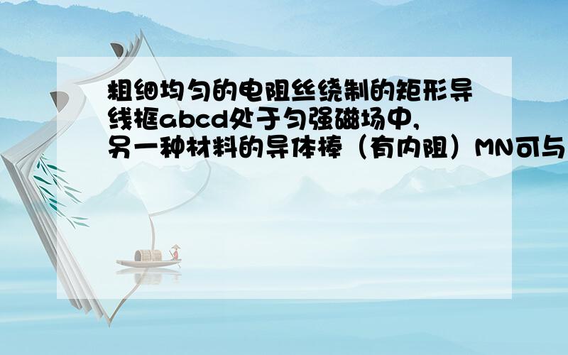 粗细均匀的电阻丝绕制的矩形导线框abcd处于匀强磁场中,另一种材料的导体棒（有内阻）MN可与导线框保持良好的接触并作无摩擦滑动.导体棒MN在外力作用下,从导线框最左端开始做切割磁感