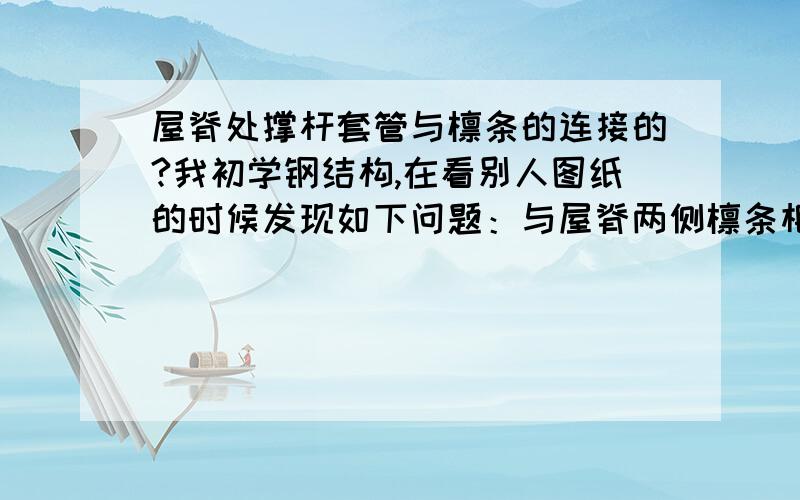 屋脊处撑杆套管与檩条的连接的?我初学钢结构,在看别人图纸的时候发现如下问题：与屋脊两侧檩条相连的撑杆外有圆管套管,应该是由于提高撑杆的整体稳定的吧?那请问套管与檩条是怎么连