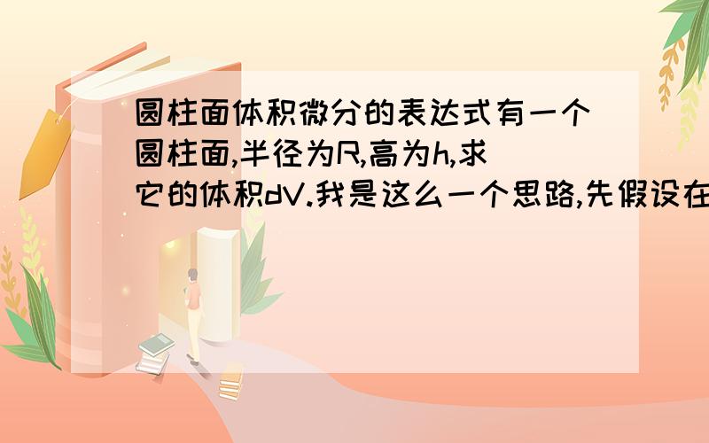 圆柱面体积微分的表达式有一个圆柱面,半径为R,高为h,求它的体积dV.我是这么一个思路,先假设在这个圆柱面上包覆一层厚度为Δx的东西,则后来形成的圆柱体半径是R+Δx,它的体积是π(R+Δx)²