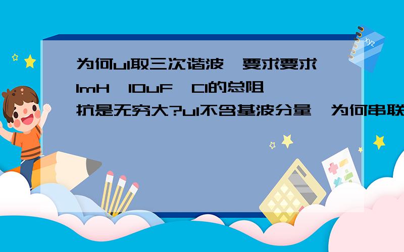 为何u1取三次谐波,要求要求1mH、10uF、C1的总阻抗是无穷大?u1不含基波分量,为何串联阻抗等?u1中不含基波分量,则要求1mH和10uF对基波的串联阻抗是0:10^4*1mH-1(10^4*10uF)=0,已满足；2.u1中的三次谐波