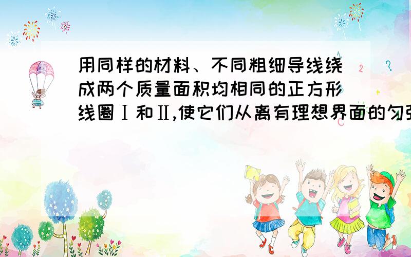 用同样的材料、不同粗细导线绕成两个质量面积均相同的正方形线圈Ⅰ和Ⅱ,使它们从离有理想界面的匀强磁场高度为h的地方同时自由下落,如图所示．线圈平面与磁感线垂直,空气阻力不计,