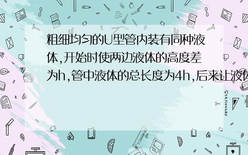 粗细均匀的U型管内装有同种液体,开始时使两边液体的高度差为h,管中液体的总长度为4h,后来让液体由流动,不计液体流动时与管壁内壁间的摩擦.探究当两液面高度相等时,右侧液面下降的速度