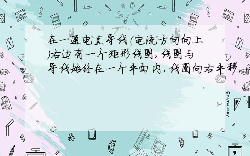 在一通电直导线（电流方向向上）右边有一个矩形线圈,线圈与导线始终在一个平面内,线圈向右平移,问感应电流的方向.使用楞次定律判断,我会.能否使用右手定则呢?使用右手定则时,左右两