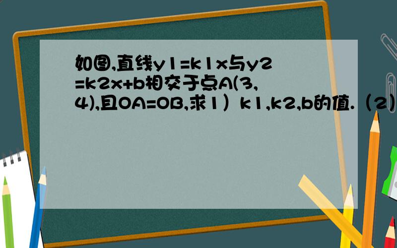 如图,直线y1=k1x与y2=k2x+b相交于点A(3,4),且OA=OB,求1）k1,k2,b的值.（2）求A、B两点之间的距离