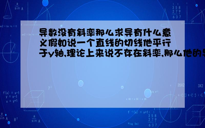 导数没有斜率那么求导有什么意义假如说一个直线的切线他平行于y轴,理论上来说不存在斜率,那么他的导数表现是什么,还是说不存在这种情况,这种情况下是不能求导的?