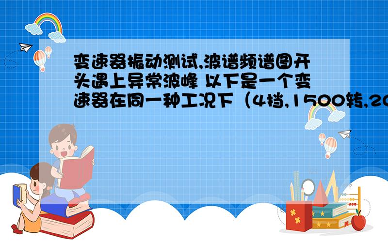 变速器振动测试,波谱频谱图开头遇上异常波峰 以下是一个变速器在同一种工况下（4挡,1500转,20Nm）在振动测试台测试后的波谱和频谱图.如图在开始的地方都有一个不和谐的极值波峰出现.求