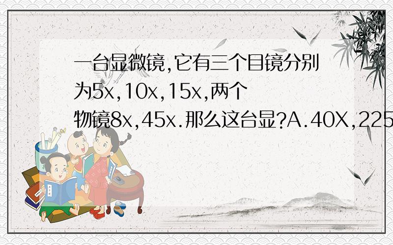 一台显微镜,它有三个目镜分别为5x,10x,15x,两个物镜8x,45x.那么这台显?A.40X,225X B.80X,450X C.120X,675X D.40X,675X