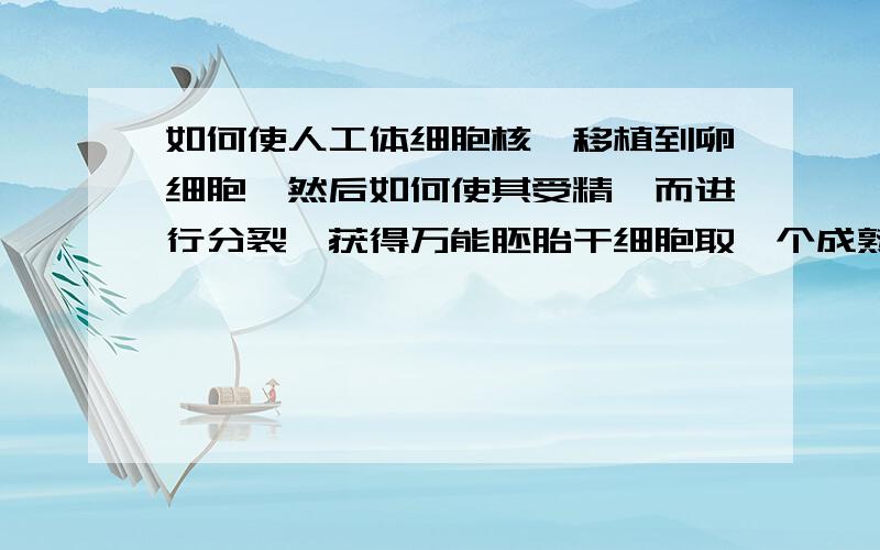 如何使人工体细胞核,移植到卵细胞,然后如何使其受精,而进行分裂,获得万能胚胎干细胞取一个成熟的卵子.取出卵子核,然后放入想被克隆人的脱氧核糖核酸（DNA）然后用电流微电流.刺激一下