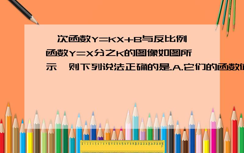 一次函数Y=KX+B与反比例函数Y=X分之K的图像如图所示,则下列说法正确的是.A.它们的函数值Y随着X的增大而增大B.它们的函数值Y随着X的增大而减小C.K大于0D.它们的自变量X的取值范围为全体实数